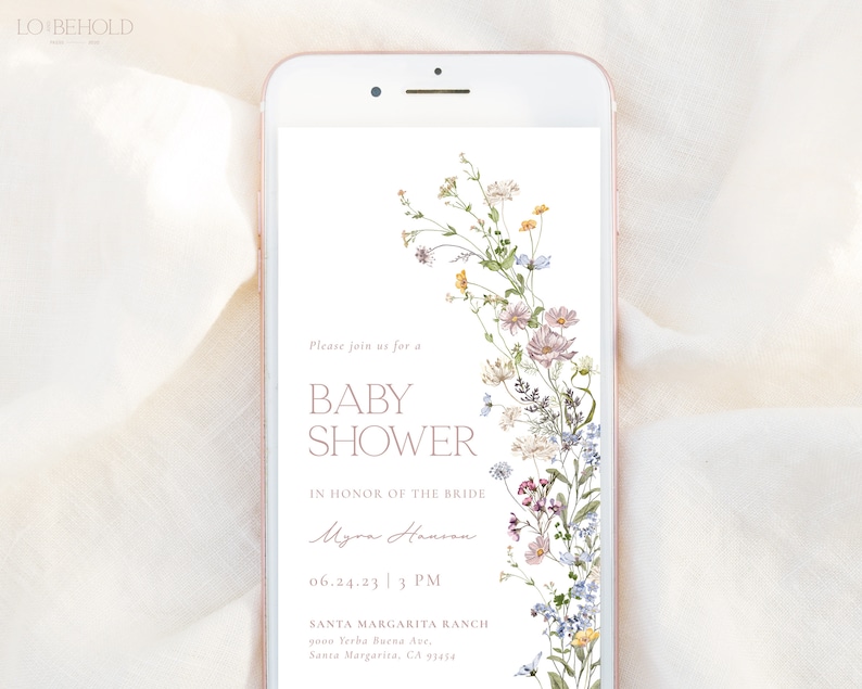 May include: A digital invitation for a baby shower with a floral design. The invitation reads "Please join us for a Baby Shower in honor of the bride Myra Hanson, 06.24.23 | 3 PM, Santa Margarita Ranch, 9000 Yerba Buena Ave., Santa Margarita, CA 93434."