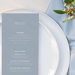 GRACE | Wedding Menu Template Dusty Blue Minimal Editable Template Instant Download Elegant Modern Wedding Dinner Menu Card Printable