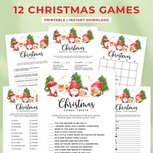 May include: A collection of 12 printable Christmas games, including trivia, bingo, and scavenger hunts. Each game sheet features festive illustrations of gnomes, Christmas trees, and holiday-themed text. The games are designed for instant download.