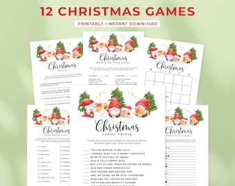 May include: A collection of 12 printable Christmas games, including trivia, bingo, and scavenger hunts. Each game sheet features festive illustrations of gnomes, Christmas trees, and holiday-themed text. The games are designed for instant download.