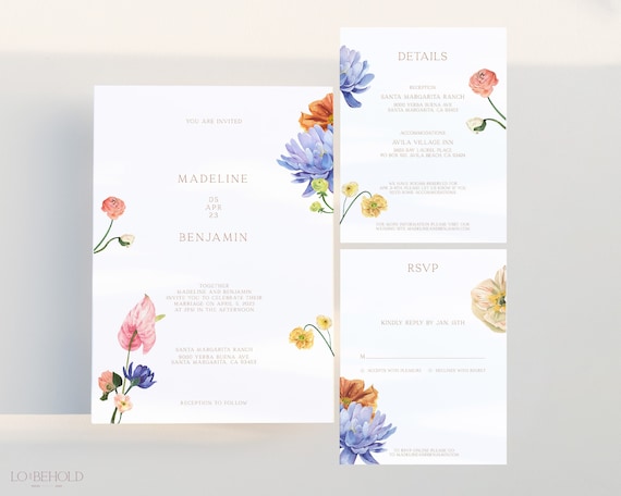 FLEUR | Minimalist Floral Wedding Invitation Suite Template Set Elegant Floral Wedding Invite Details & RSVP Card Printable Bundle Editable