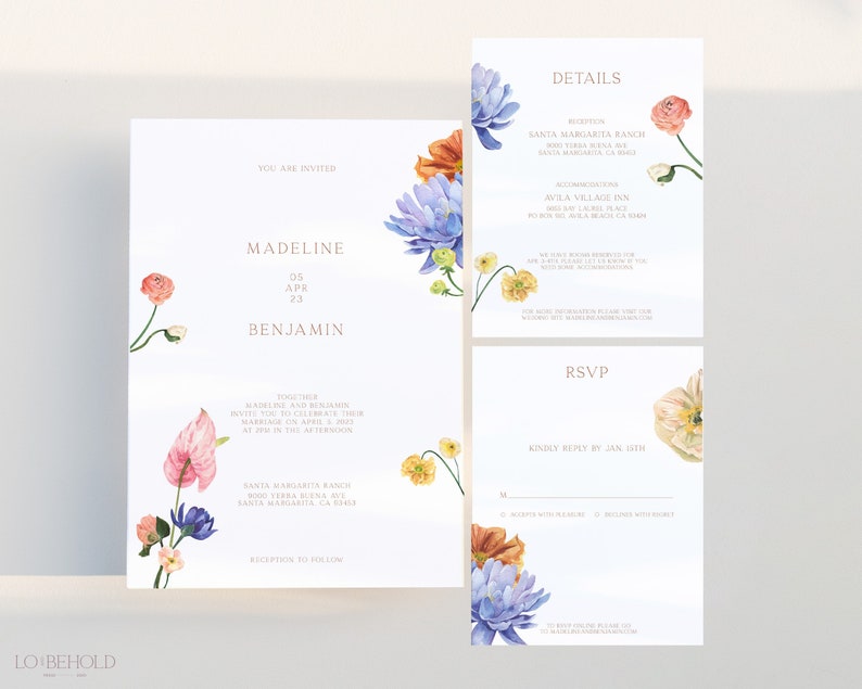 May include: A wedding invitation suite featuring floral illustrations. The invitation includes the names Madeline and Benjamin, the date 05 APR 23, and the text "Together Madeline and Benjamin invite you to celebrate their marriage on April 5, 2023 at 5 PM in the afternoon." The details card lists the reception location, Santa Margarita Ranch, and the wedding ceremony location, Avila Village Inn. The RSVP card includes the text "Kindly reply by Jan 15th".