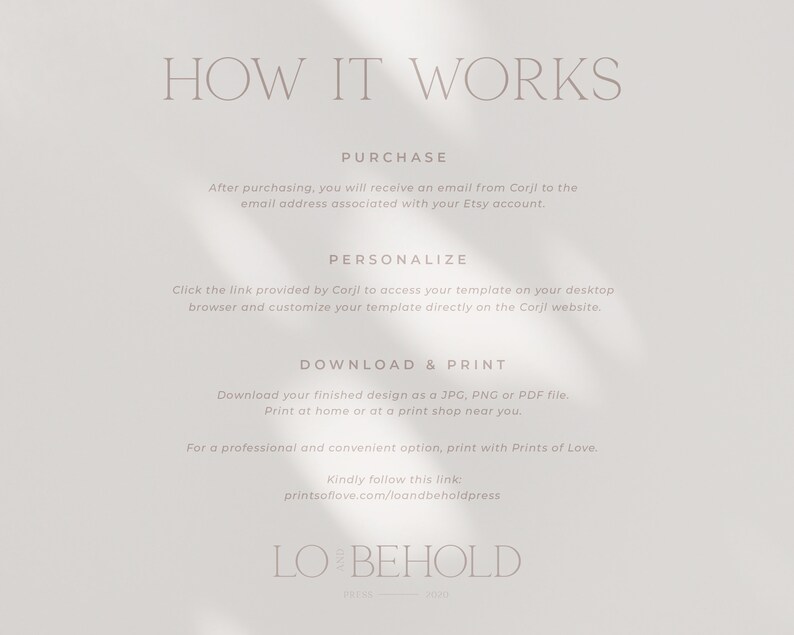 May include: How it works: a graphic explaining the steps to purchase, personalise, and download a printable design. The text includes the website name "Lo and Behold Press".