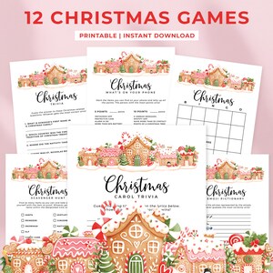 May include: A collection of printable Christmas games, including trivia, scavenger hunts, and bingo. The designs feature gingerbread houses and candy canes. The text reads "12 Christmas Games" and "Printable | Instant Download".