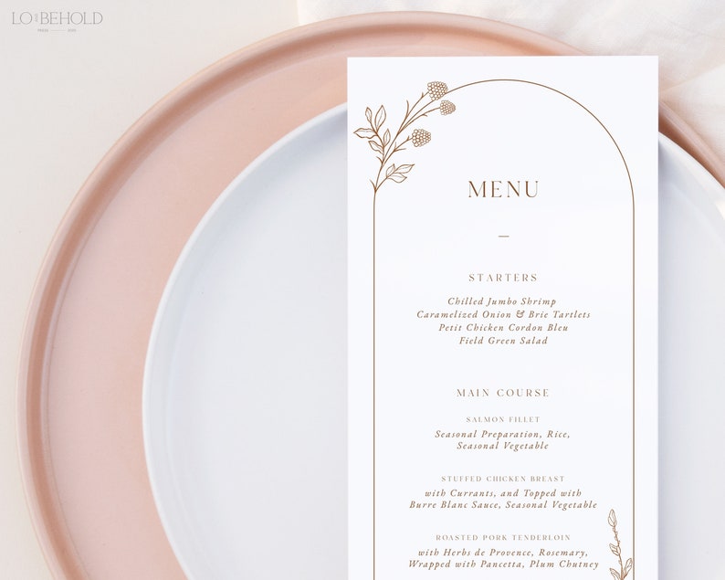 May include: A white menu card with a brown floral design and an arched border. The menu lists starters and main courses, including chilled jumbo shrimp, caramelized onion and brie tartlets, petit chicken cordon bleu, field green salad, salmon fillet, stuffed chicken breast, and roasted pork tenderloin.