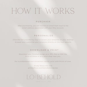 May include: How it works: A white background with text explaining the steps to purchase, personalise, and download a printable design. The text includes the website name "Corjl" and the company name "Lo and Behold Press".