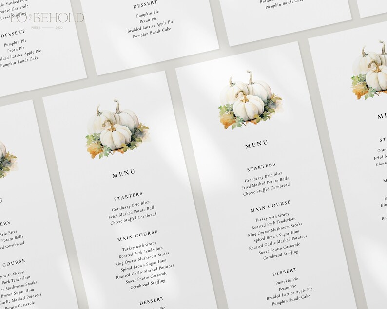 May include: A Thanksgiving menu template with a watercolor illustration of white pumpkins. The menu includes starters, main course, and dessert options. The text reads: "MENU", "STARTERS", "Cranberry Brie Bites", "Fried Mashed Potato Balls", "Cheese Stuffed Cornbread", "MAIN COURSE", "Turkey with Gravy", "Roasted Pork Tenderloin", "King Oyster Mushroom Steaks", "Spiced Brown Sugar Ham", "Roasted Garlic Mashed Potatoes", "Sweet Potato Casserole", "Cornbread Stuffing", "DESSERT", "Pumpkin Pie", "Pecan Pie", "Braided Lattice Apple Pie", "Pumpkin Bundt Cake".