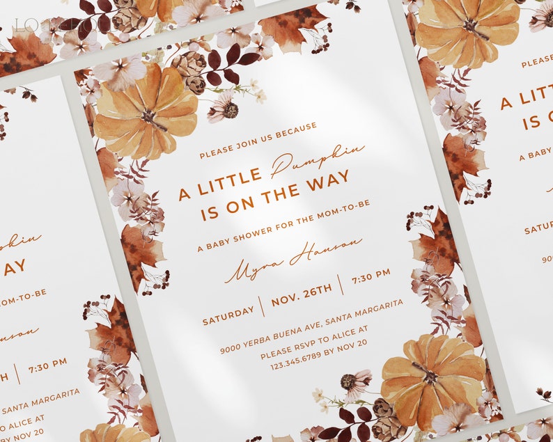 A Little Pumpkin Is On The Way, Baby Shower Invitation Template, Fall Autumn Baby Shower Invite, Editable Printable Download HARVEST image 6