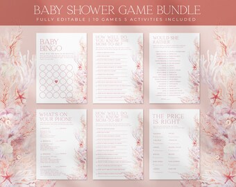 15 Baby Shower Games Bundle, Under the Sea Baby Shower Game Template, Printable Ocean Baby Shower Game Package Activities Set, Pink | CORAL