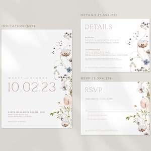 May include: Wedding invitation suite with a floral design. The invitation card features the names Wyatt and Kimora and the date 10.02.23. The details card includes the reception location, Santa Margarita Ranch, and the accommodation location, Avila Village Inn. The RSVP card has a floral design and asks guests to RSVP by June 18th.