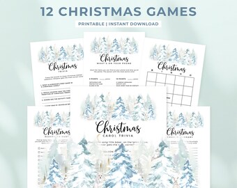 Könnte beinhalten: Eine Sammlung von 12 druckbaren Weihnachtsspielen. Die Spiele umfassen Quiz, Schnitzeljagden und Bingo. Jedes Spielblatt zeigt ein Aquarelldesign mit verschneiten Bäumen und Waldtieren. Der Text auf den Blättern ist handschriftlich.