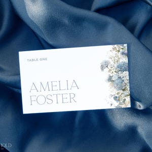 Editable Wedding Place Cards Template, Elegant Blue Floral Table Seating, Printable Name Cards for Bridal Shower, Events, Parties | SKY