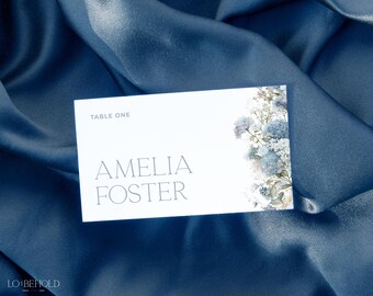 Editable Wedding Place Cards Template, Elegant Blue Floral Table Seating, Printable Name Cards for Bridal Shower, Events, Parties | SKY