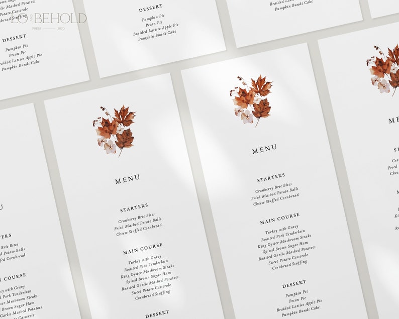 RUSTIC Autumn Minimalist Wedding Menu Template DIY Download Fall Floral Dinner Menu Card Editable Printable Template Thanksgiving Dinner image 4