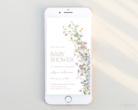 Wildflower Baby Shower Digital Evite Template, Minimalist Floral Baby Shower Electronic Invitation, Text Evite Editable Template | EDEN B