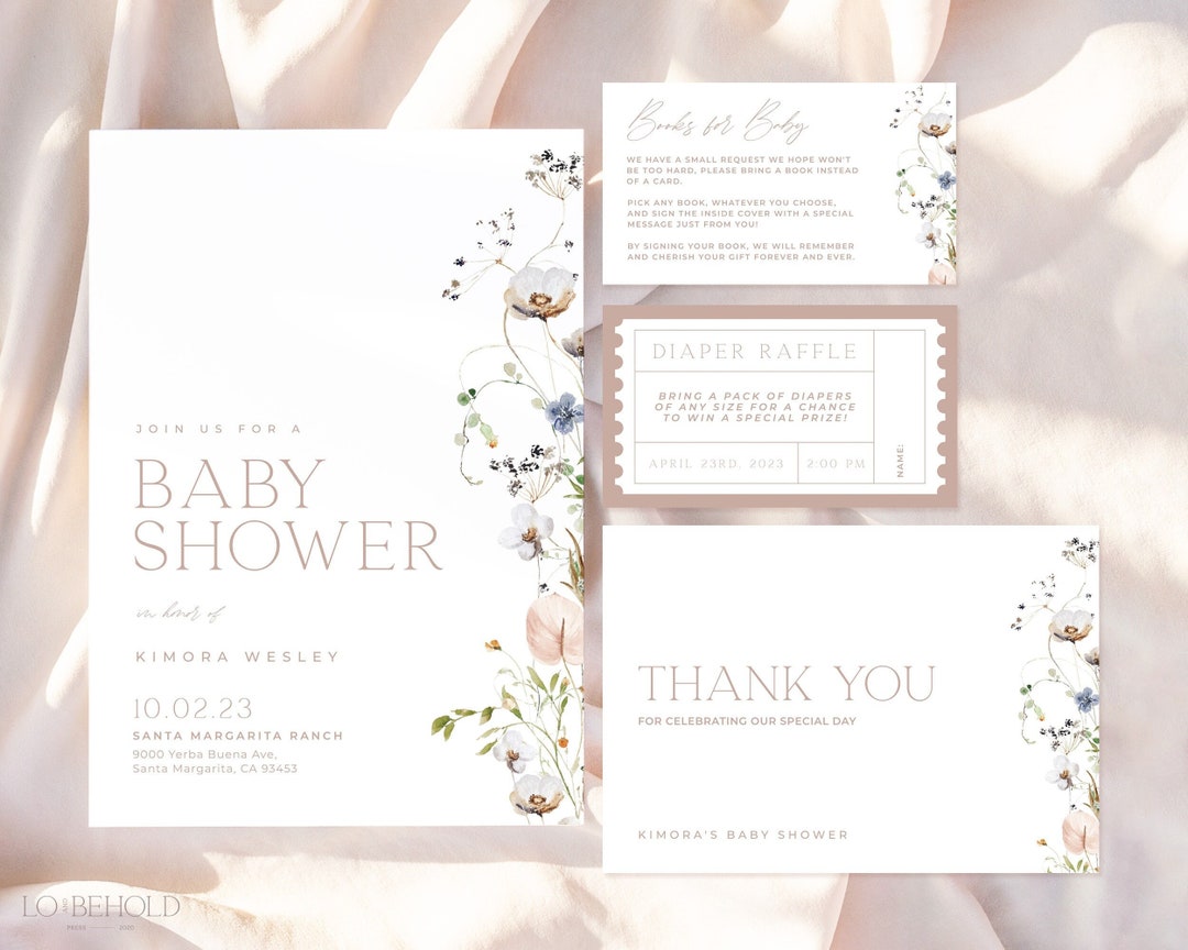 ENCHANTED Baby Shower Invitation Template Set Minimalist Pink Floral