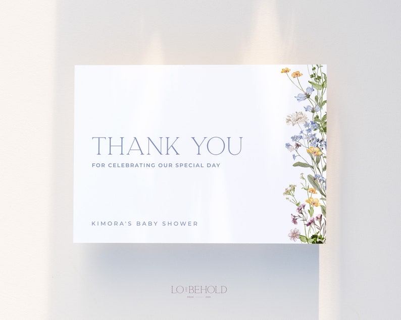 Wildflower Baby Shower Thank You Card Template, Blue Floral Printable ...