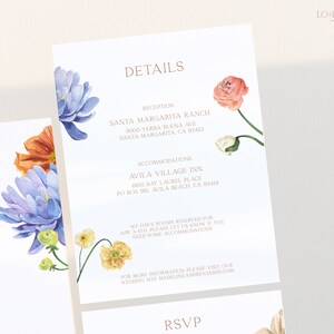 May include: Wedding details card with floral illustrations. The card includes the reception location, Santa Margarita Ranch, 9000 Yerba Buena Ave, Santa Margarita, CA 93453. The card also includes the accommodations location, Avila Village Inn, 0655 Bay Laurel Place, PO Box 90, Avila Beach CA 93424. The card also includes the website address, madelineandbenjamin.com.