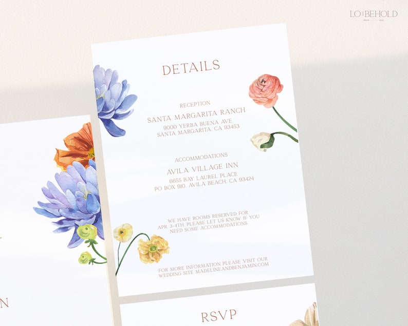 May include: Wedding details card with floral illustrations. The card includes the reception location, Santa Margarita Ranch, 9000 Yerba Buena Ave, Santa Margarita, CA 93453. The card also includes the accommodations location, Avila Village Inn, 0655 Bay Laurel Place, PO Box 90, Avila Beach CA 93424. The card also includes the website address, madelineandbenjamin.com.