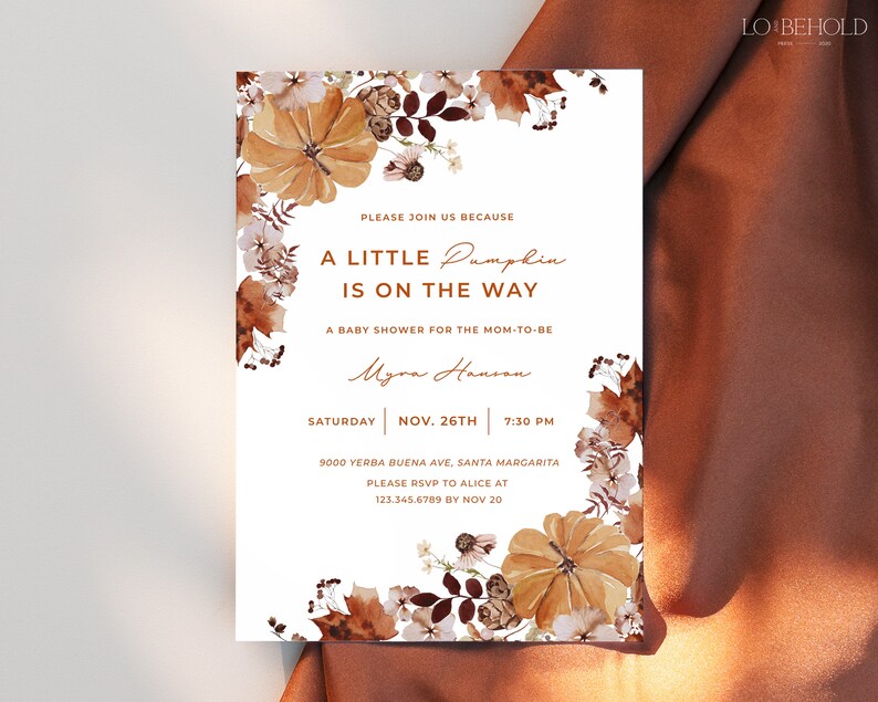 A Little Pumpkin Is On The Way, Baby Shower Invitation Template, Fall Autumn Baby Shower Invite, Editable Printable Download HARVEST image 4