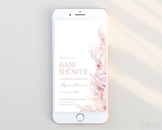 Under the Sea Baby Shower Digital Evite Template, Ocean & Sea Baby Shower Electronic Invite, Pink Nautical Text Invitation Evite | CORAL