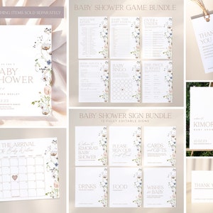 May include: A set of printable baby shower game cards and signs featuring a floral design with pink and blue flowers. The cards include games like "Guess the Arrival Date", "Baby Bingo", and "The Price is Right". The signs include "Welcome to Kimora's Baby Shower", "Please Sign Our Guest Book", "Cards and Gifts", "Drinks", "Food", and "Wishes for Baby".