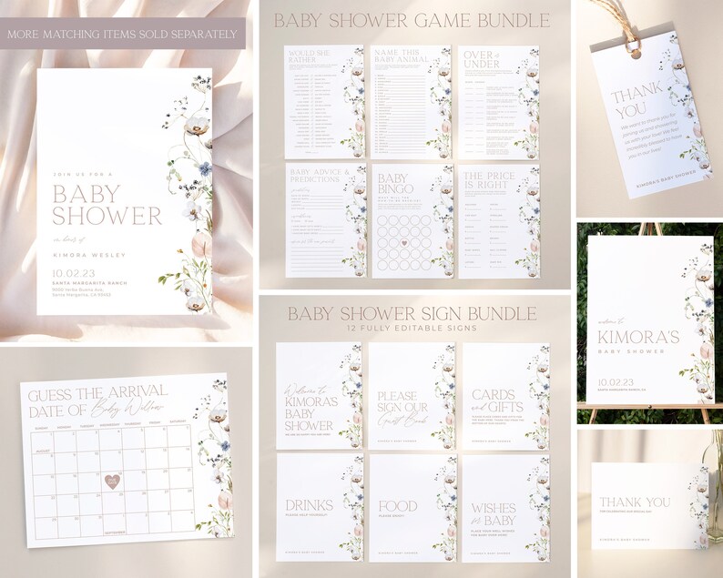 May include: A set of printable baby shower game cards and signs featuring a floral design with pink and blue flowers. The cards include games like "Guess the Arrival Date", "Baby Bingo", and "The Price is Right". The signs include "Welcome to Kimora's Baby Shower", "Please Sign Our Guest Book", "Cards and Gifts", "Drinks", "Food", and "Wishes for Baby".