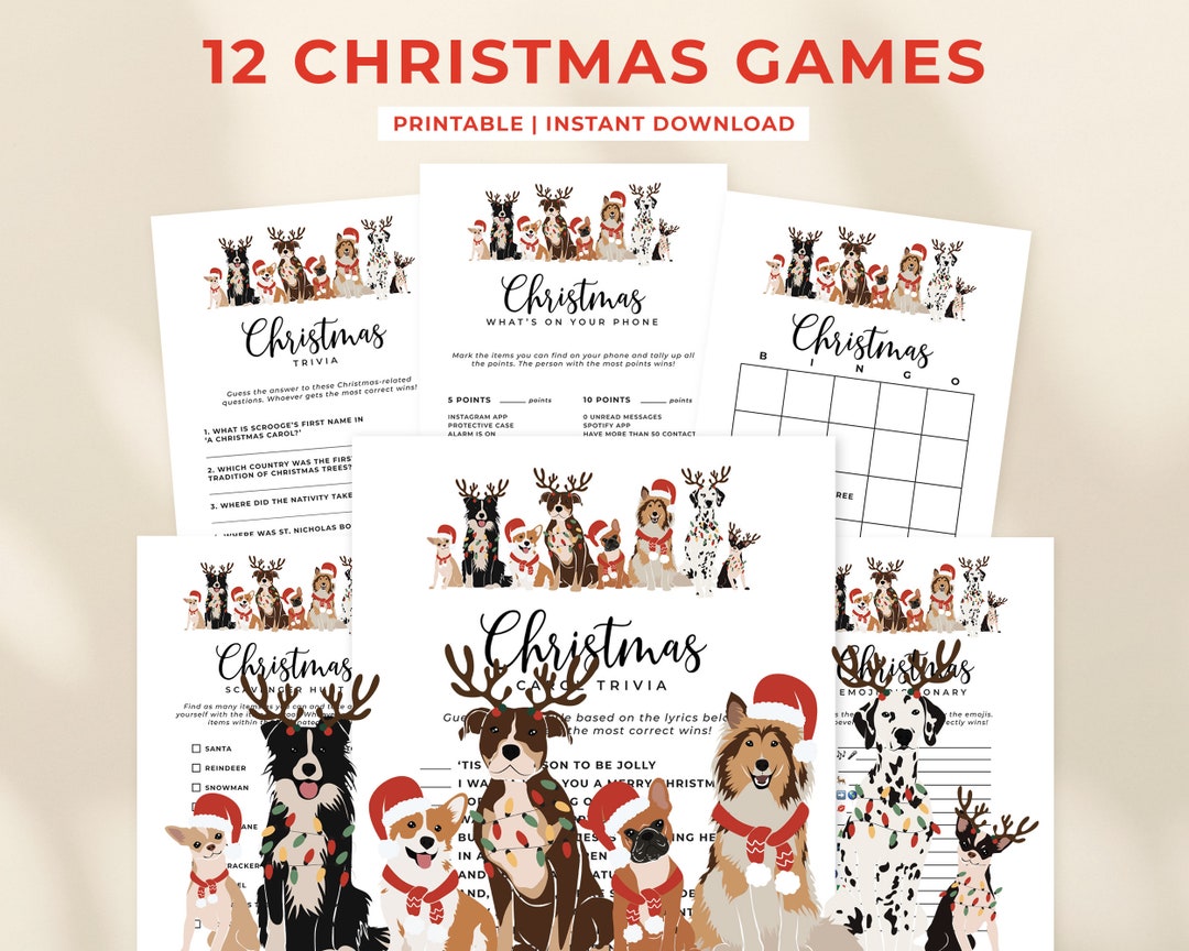 12 Christmas Dogs Game Bundle Template, Printable Christmas Party Games