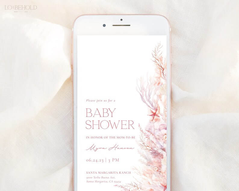 Digital inbjudningsmall för babyshower under havet, elektronisk inbjudan till babyshower med hav och hav, rosa nautisk textinbjudan | CORAL bild 2