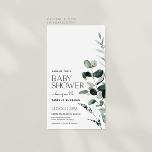 May include: A digital invitation for a baby shower in honor of Giselle Sherman. The invitation features a watercolor illustration of eucalyptus leaves and the text "Join us for a Baby Shower in honor of now to be Giselle Sherman 10.02.23 | 3PM Santa Margarita Ranch gooo Yerba Buena Ave Santo Margarito, CA 93453 Registered at Target & Amazon".
