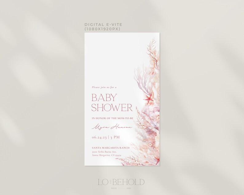 Digital inbjudningsmall för babyshower under havet, elektronisk inbjudan till babyshower med hav och hav, rosa nautisk textinbjudan | CORAL bild 4