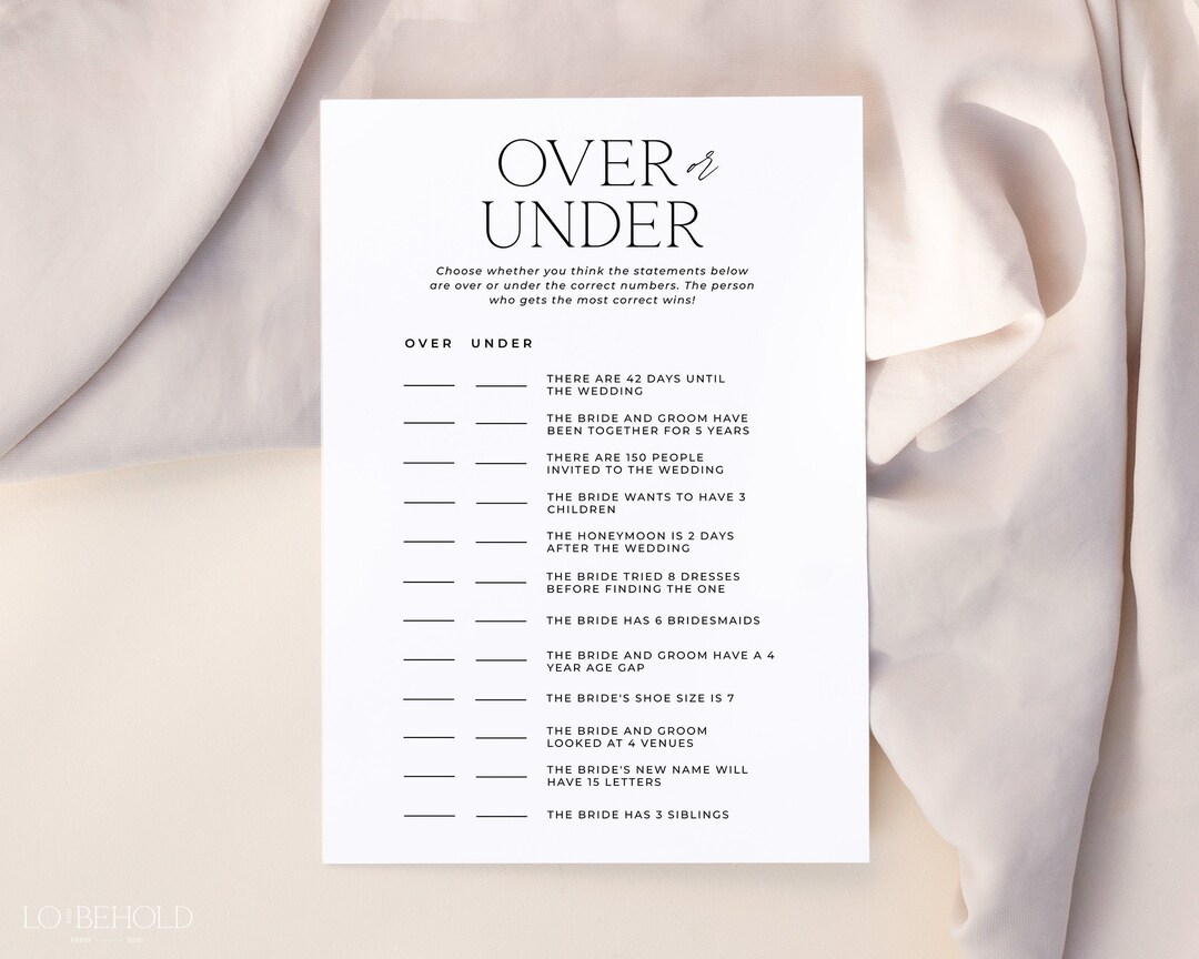 ALTAR | Over or Under Bridal Shower Game Editable Template Download ...