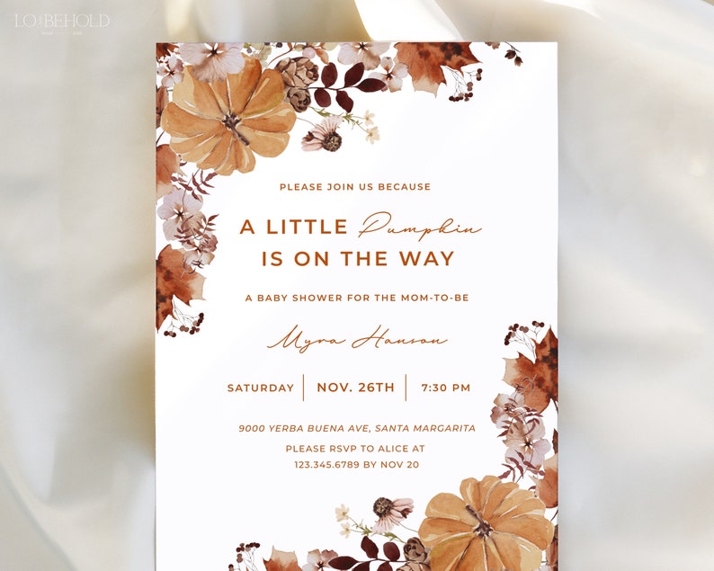 A Little Pumpkin Is On The Way, Baby Shower Invitation Template, Fall Autumn Baby Shower Invite, Editable Printable Download HARVEST image 2