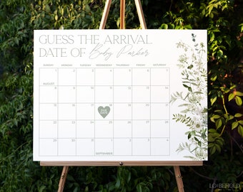 Minimalist Greenery Baby Due Date Calendar Template, Printable Baby Shower Guess The Birthday Game Sign, Botanical Due Date Calendar | SAGE