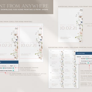 May include: A guide on how to download and print wedding invitations and place cards from Corjl. The image shows a floral design with the text "10.02.21" and instructions on how to export the design for home printing and print shops.