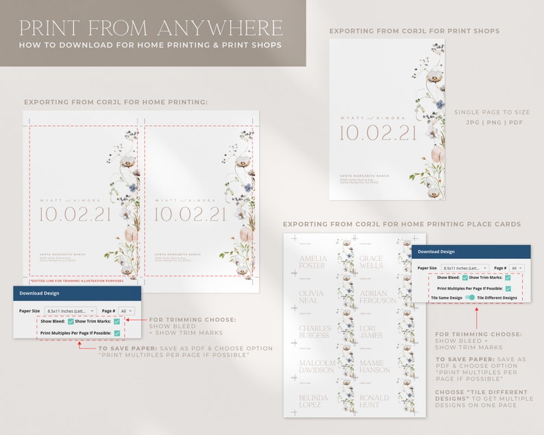 May include: A guide on how to download and print wedding invitations and place cards from Corjl. The image shows a floral design with the text "10.02.21" and instructions on how to export the design for home printing and print shops.
