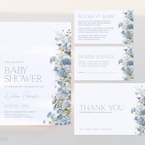 Blue Floral Baby Shower Invitation Set Template, Printable Hydrangea Baby Shower Invite Bundle Package, Editable Template Set Download | Sky
