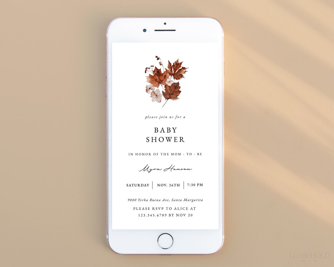 Minimalist Fall Baby Shower Evite Template, Autumn Maple Leaves Baby ...