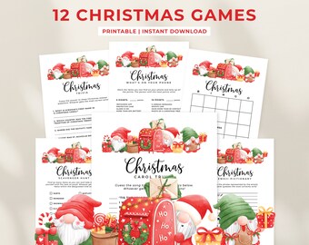 May include: A collection of 12 printable Christmas games. The games include trivia, bingo, scavenger hunts, and more. The design features festive illustrations of gnomes, gifts, and holiday decorations. The text "12 Christmas Games" and "Printable | Instant Download" are displayed at the top.