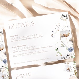May include: A white wedding invitation card with a floral design. The card includes details for the reception at Santa Margarita Ranch and accommodations at Avila Village Inn. The text "RSVP" is at the bottom of the card.