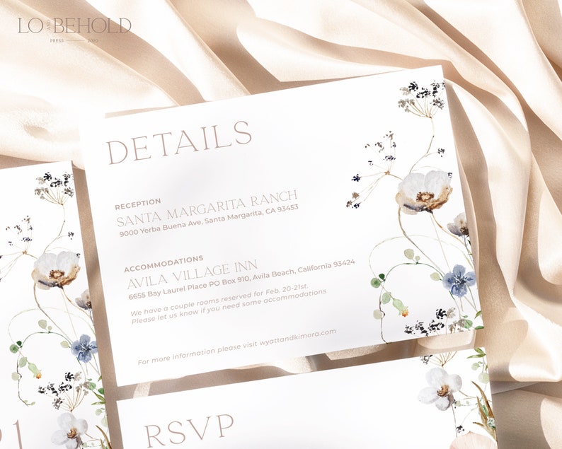 May include: A white wedding invitation card with a floral design. The card includes details for the reception at Santa Margarita Ranch and accommodations at Avila Village Inn. The text "RSVP" is at the bottom of the card.