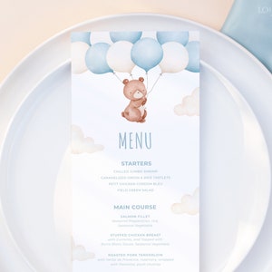 TEDDY | Bear Menu Template Download Blue Bear With Balloon Baby Shower Menu Dinner Menu Card Editable Printable Template
