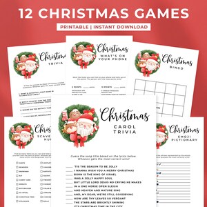 May include: A collection of 12 printable Christmas games, including trivia, bingo, and emoji pictionary. Each game sheet features festive illustrations of Santa Claus and holiday decorations. The text "12 Christmas Games" and "Printable | Instant Download" are displayed at the top.