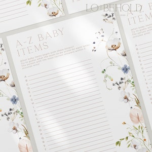 ENCHANTED | A to Z Baby Shower Game Editable Template Minimal Floral ...
