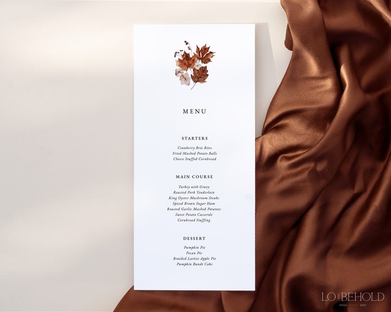 RUSTIC Autumn Minimalist Wedding Menu Template DIY Download Fall Floral Dinner Menu Card Editable Printable Template Thanksgiving Dinner image 1