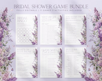 15 Bridal Shower Games Bundle, Wisteria Bridal Shower Game Set Template, Printable Purple Floral Bridal Shower Package Activities | ROYAL