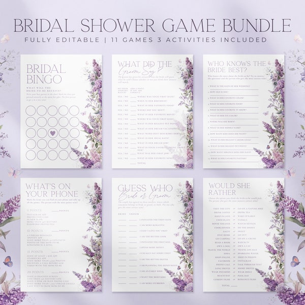 15 Bridal Shower Games Bundle, Wisteria Bridal Shower Game Set Template, Printable Purple Floral Bridal Shower Package Activities | ROYAL