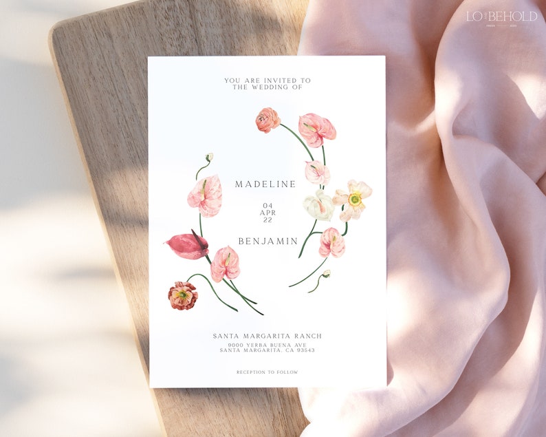 May include: Wedding invitation with a floral design featuring pink and white flowers. The invitation reads "You are invited to the wedding of Madeline and Benjamin, April 04, 2022. Santa Margarita Ranch, 2000 Terra Buena Ave, Santa Margarita, CA 93543. Reception to follow."