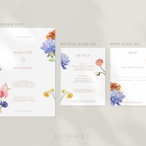May include: Wedding invitation suite featuring floral illustrations. The invitation card displays the names Madeline and Benjamin, the date 05 APR 23, and the text "You are invited". The details card includes the reception location, Santa Margarita Ranch, and accommodation details. The RSVP card has the text "Kindly reply by Jan 15th".