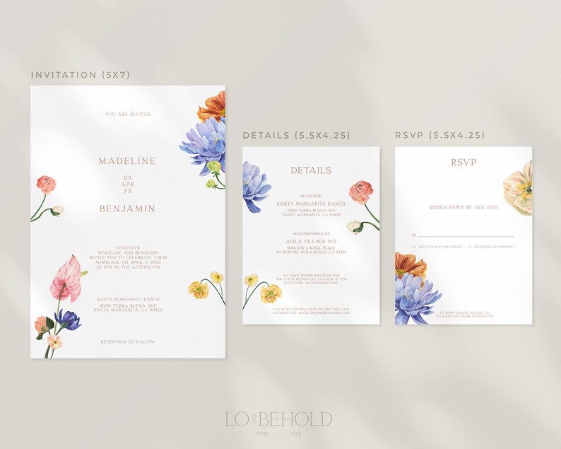 May include: Wedding invitation suite featuring floral illustrations. The invitation card displays the names Madeline and Benjamin, the date 05 APR 23, and the text "You are invited". The details card includes the reception location, Santa Margarita Ranch, and accommodation details. The RSVP card has the text "Kindly reply by Jan 15th".